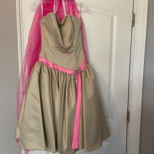 Tiffany Collection tan strapless dress with pink belt- huge price drop !